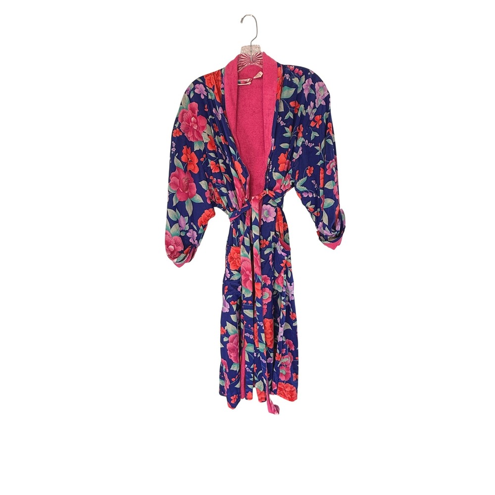 VTG Victoria's Secret Floral Terry Lined Robe Navy Pink One Size Lounge Cozy